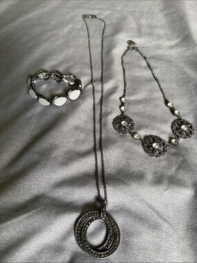 2 Necklaces and 1 Bracelet: Silver-Tone White Accent Necklace